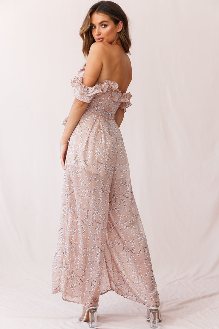 Jazz Bardot Neckline Wide Leg Split Jumpsuit Floral Print Blush by Selfie Leslie