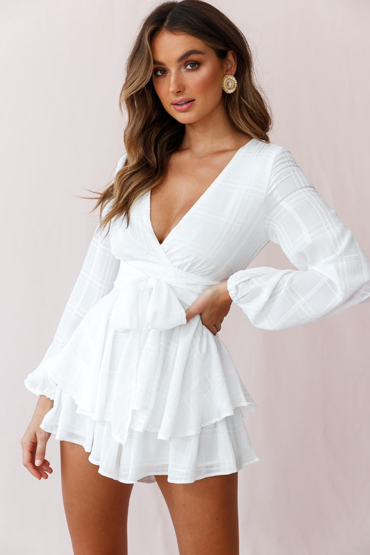 Maddox Fit & Flare Long Sleeve Romper White by Selfie Leslie
