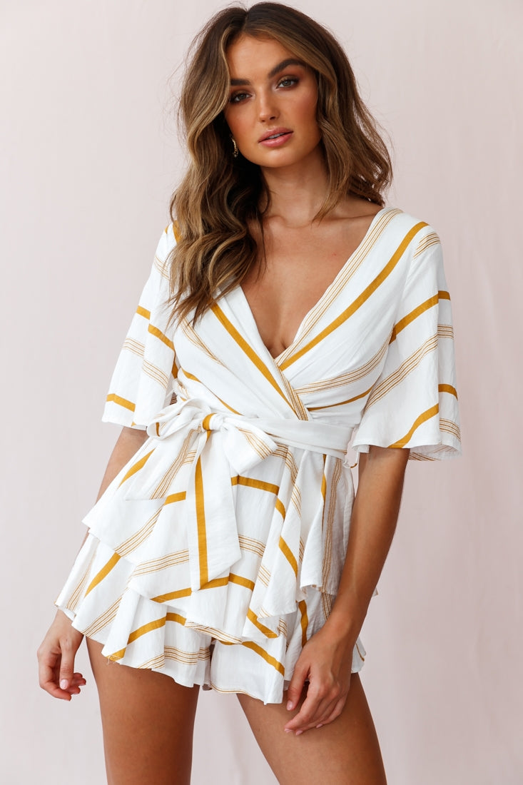 Happy Hour Deep V-Neckline Open Back Romper Stripe Print Mustard by Selfie Leslie