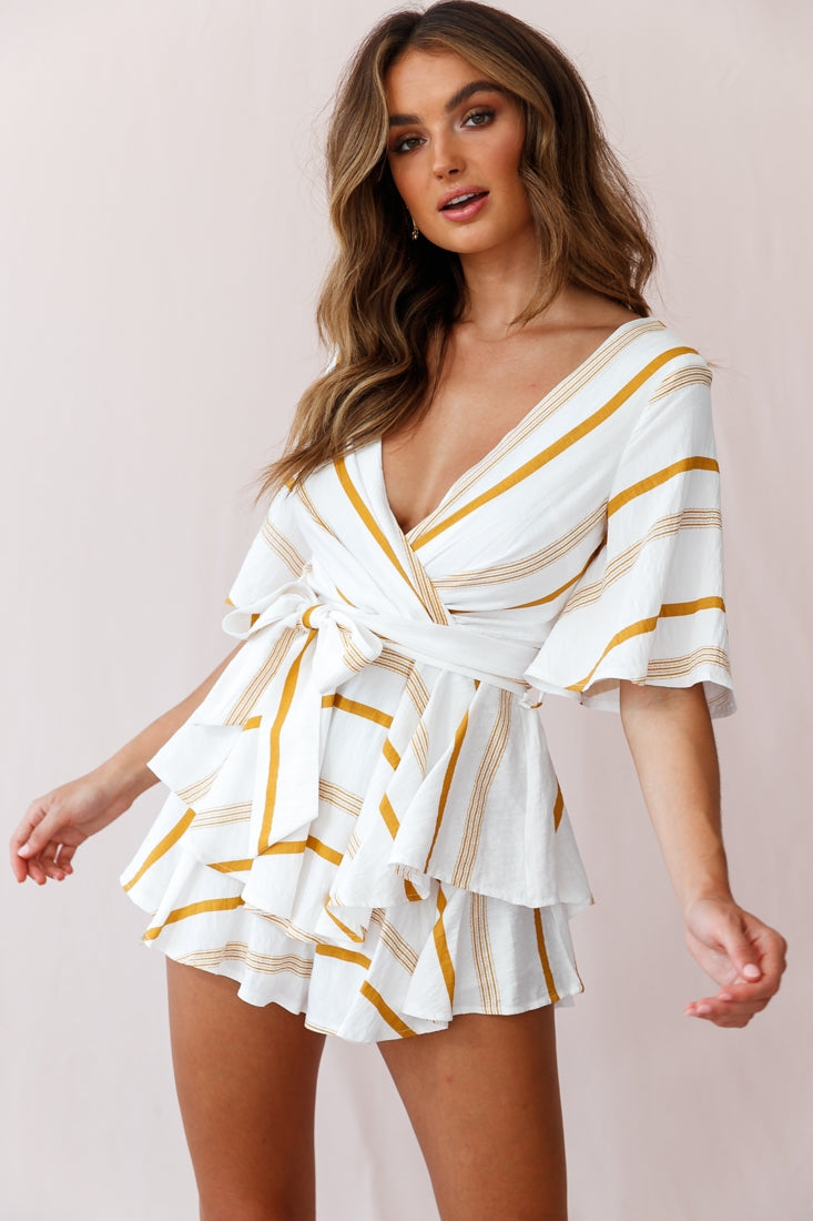 Happy Hour Deep V-Neckline Open Back Romper Stripe Print Mustard by Selfie Leslie