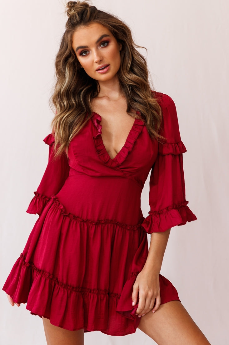 Albany Bell Sleeve Frill Dress Wine by Selfie Leslie