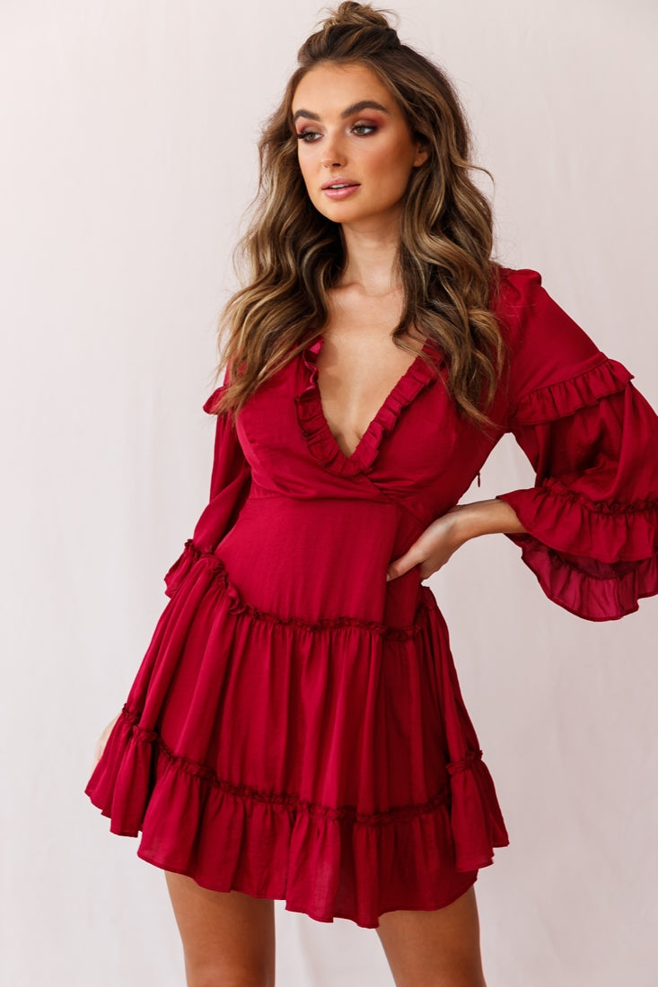 Albany Bell Sleeve Frill Dress Wine by Selfie Leslie