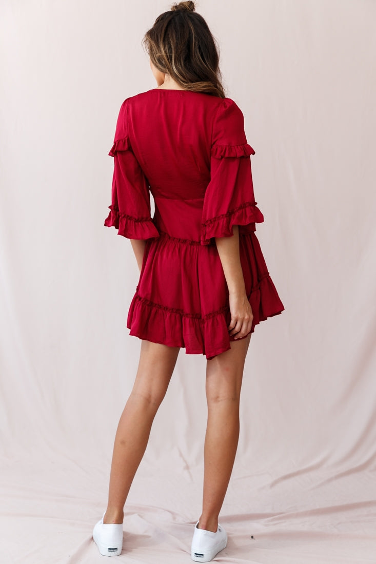 Albany Bell Sleeve Frill Dress Wine by Selfie Leslie