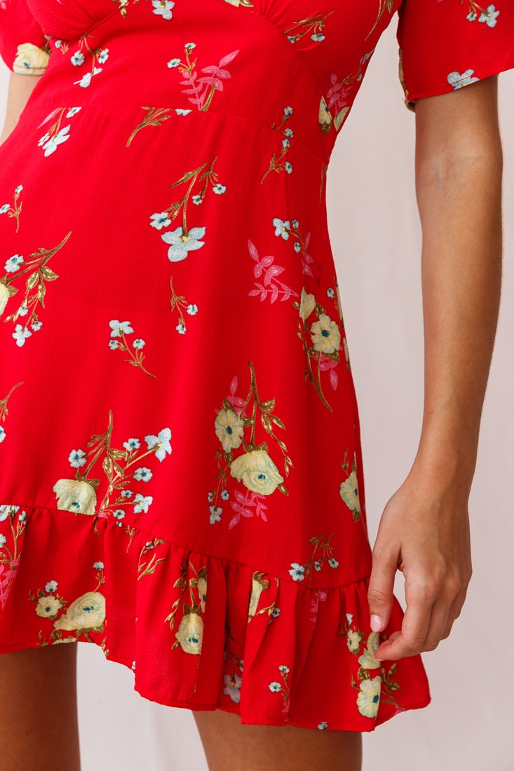Clare Floral Puff Sleeve Mini Dress Red by Selfie Leslie