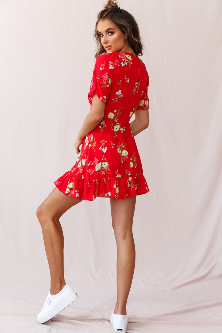 Clare Floral Puff Sleeve Mini Dress Red by Selfie Leslie