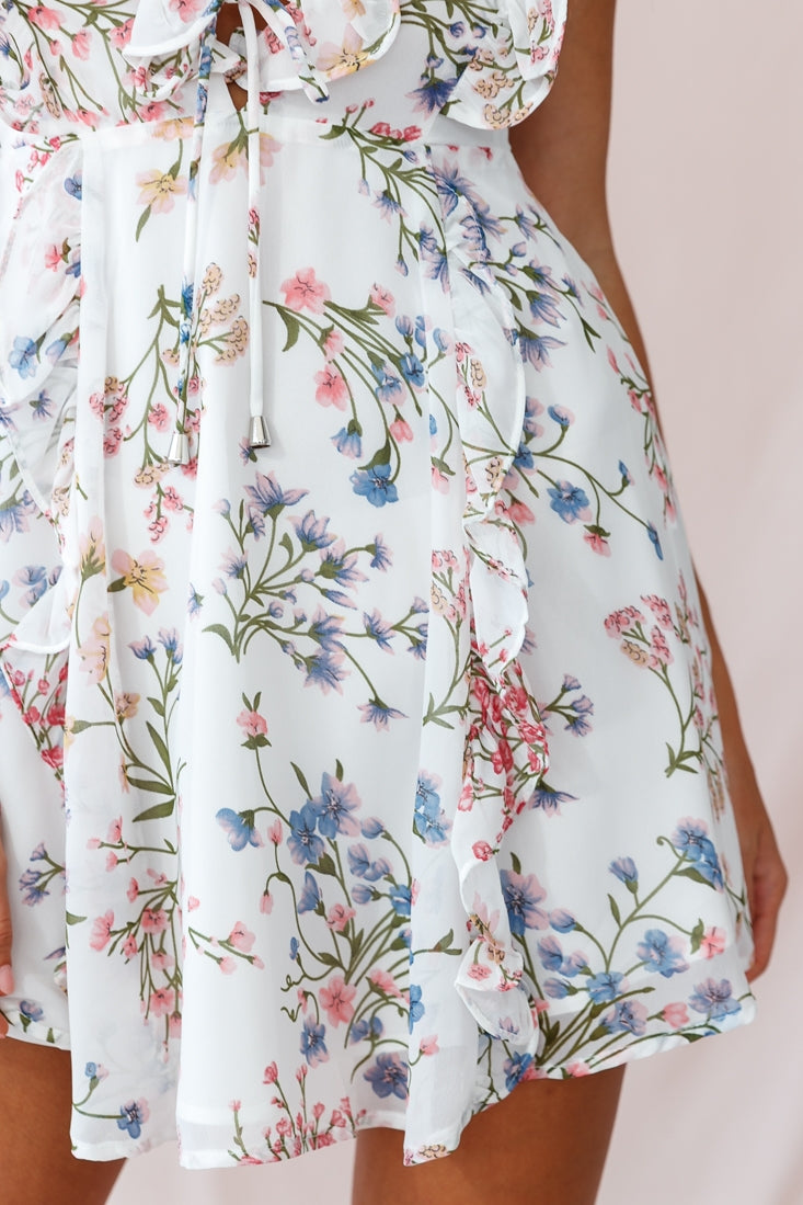 Maison Lace-Up Bust Ruffle Dress Ivory Floral by Selfie Leslie