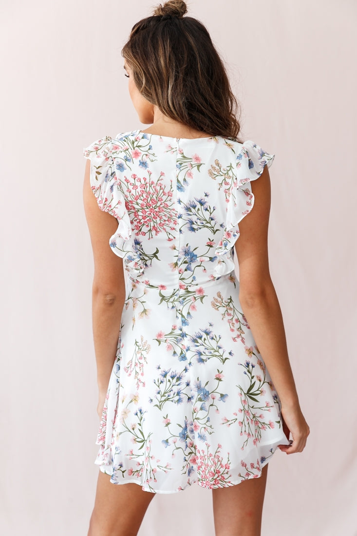 Maison Lace-Up Bust Ruffle Dress Ivory Floral by Selfie Leslie