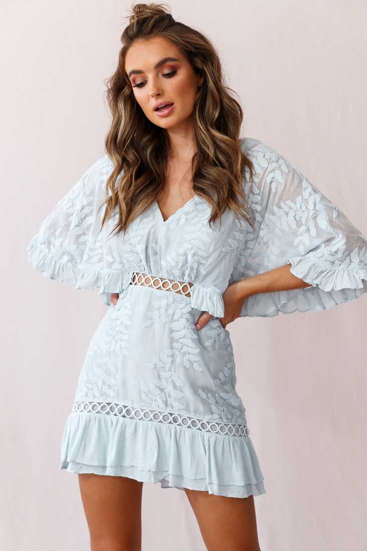 Caspar Leafy Embroidered Dress Baby Blue by Selfie Leslie
