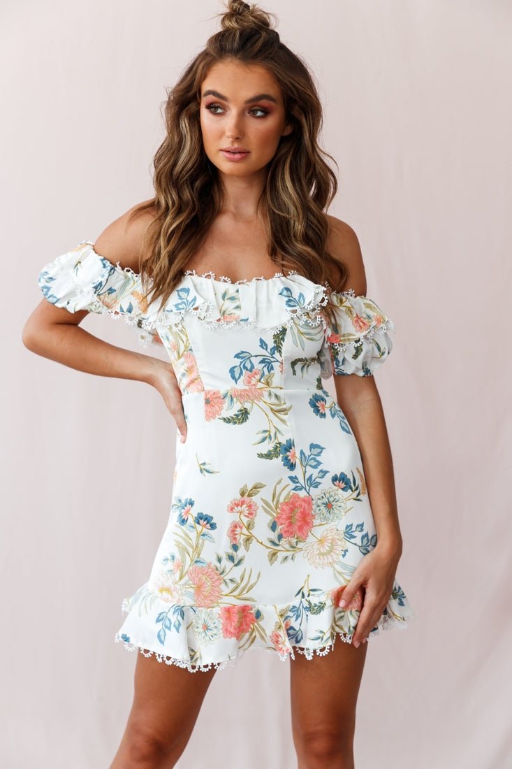 Bobby Bardot Neckline Puff Sleeve Dress Floral Print White by Selfie Leslie