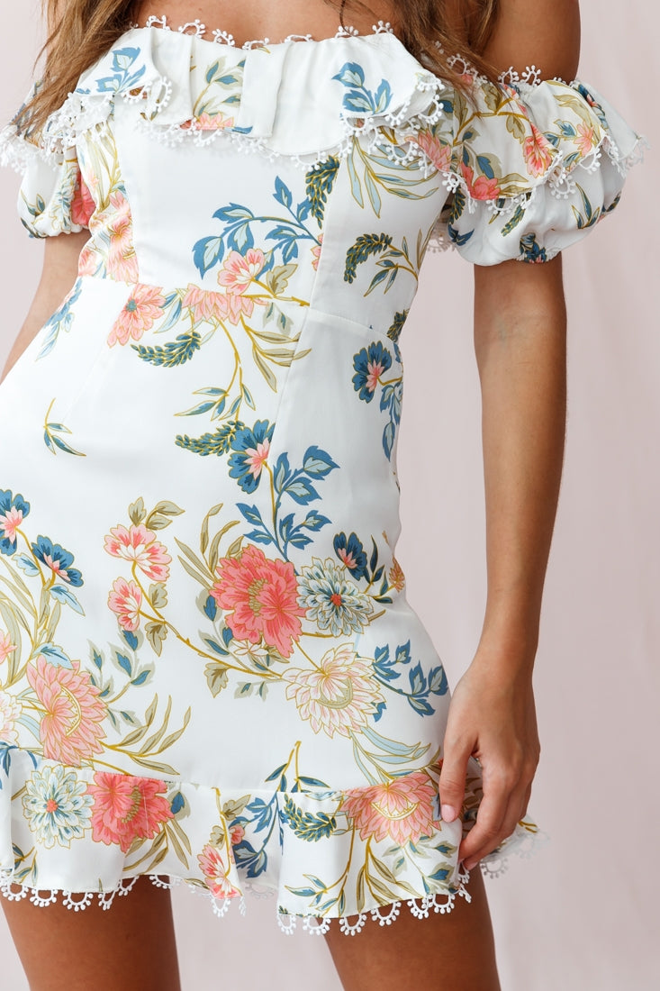 Bobby Bardot Neckline Puff Sleeve Dress Floral Print White by Selfie Leslie