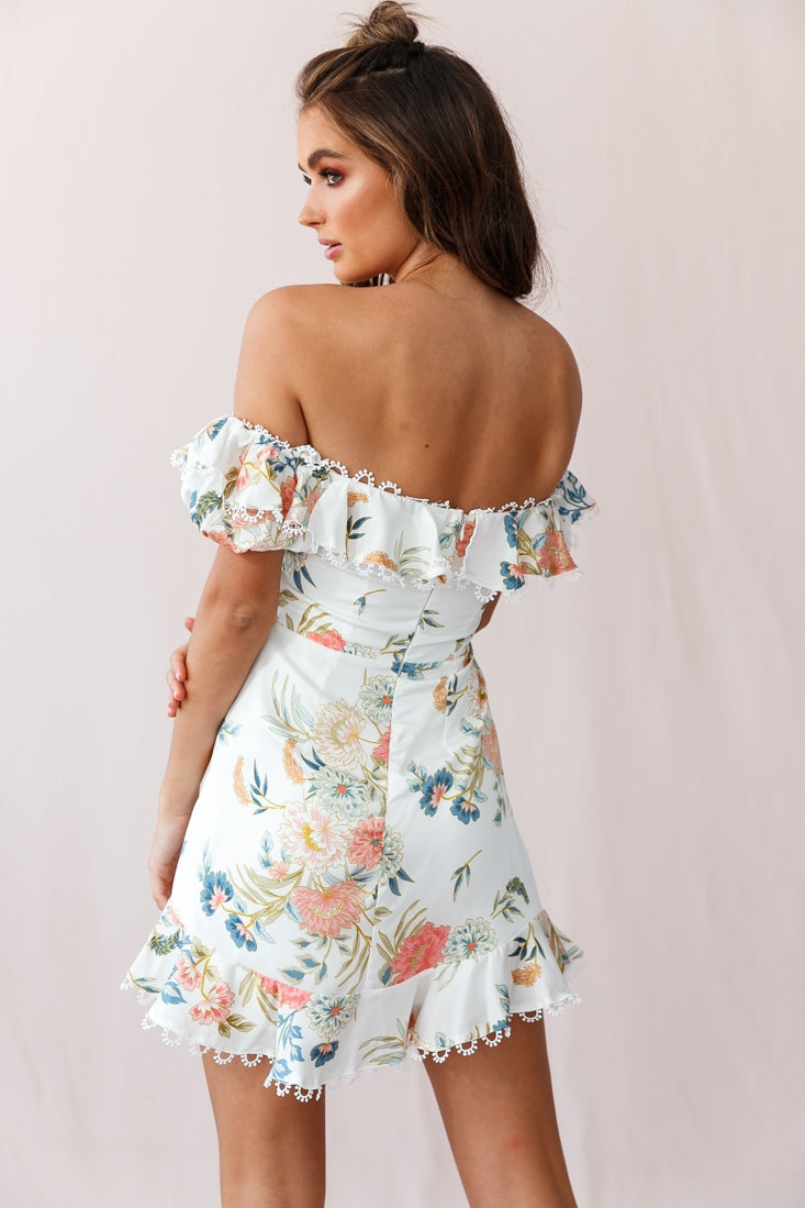 Bobby Bardot Neckline Puff Sleeve Dress Floral Print White by Selfie Leslie