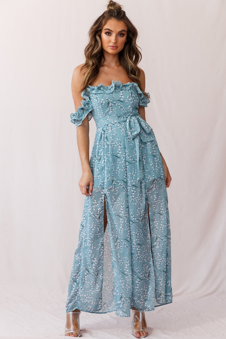 Jazz Bardot Neckline Wide Leg Split Jumpsuit Sage by Selfie Leslie
