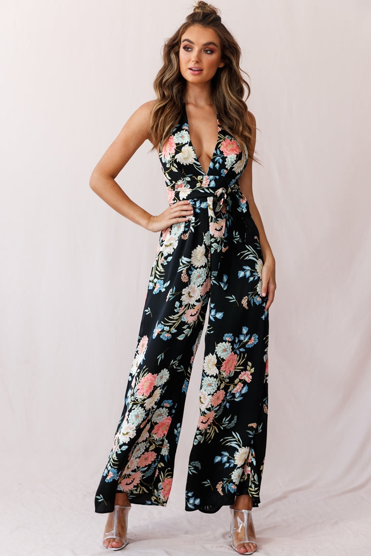Make Me Halterneck Low Back Jumpsuit Floral Print Black by Selfie Leslie