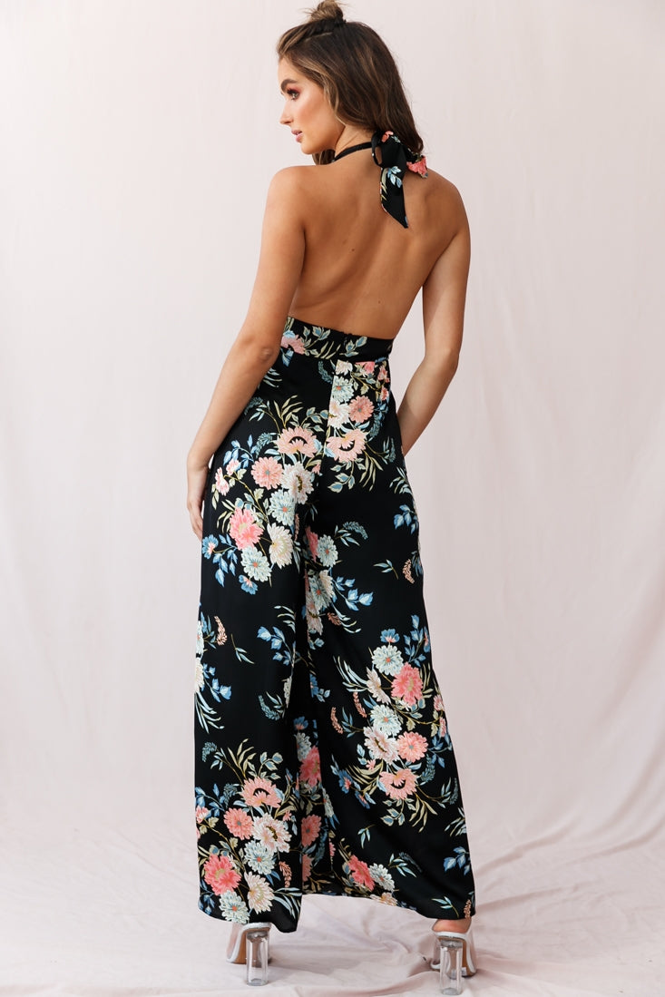 Make Me Halterneck Low Back Jumpsuit Floral Print Black by Selfie Leslie