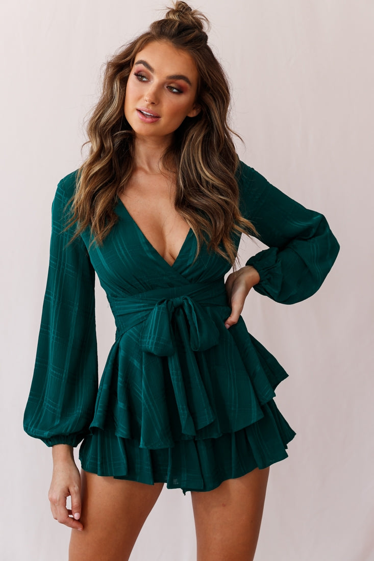 Maddox Fit & Flare Long Sleeve Romper Forest Green