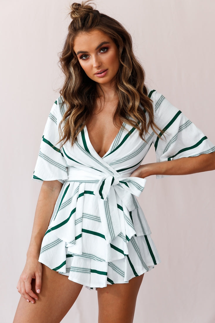 Happy Hour Deep V-Neckline Open Back Romper Green by Selfie Leslie