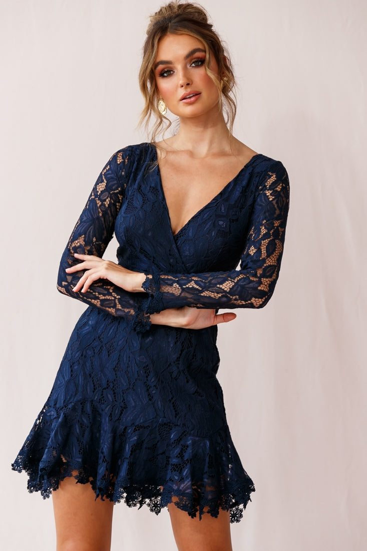 Kyle Long Sleeve Lace Dress Navy by Selfie Leslie