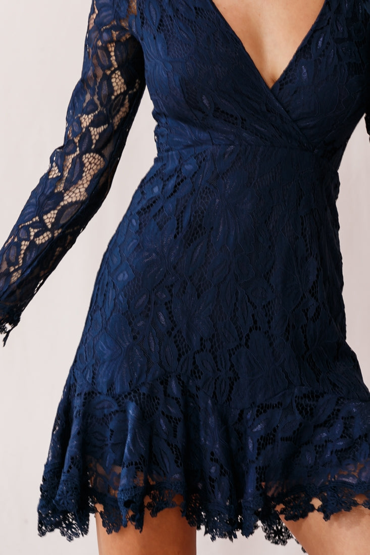Kyle Long Sleeve Lace Dress Navy by Selfie Leslie
