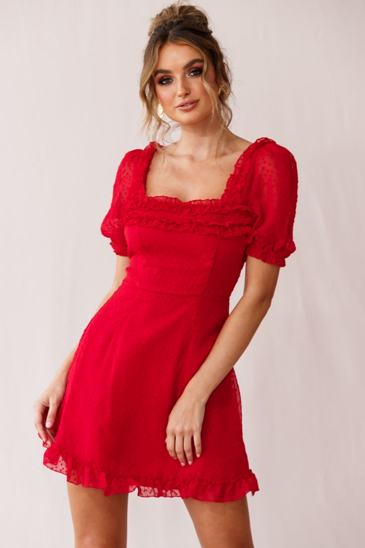 Lara Puff Sleeve Frill Dress Red by Selfie Leslie