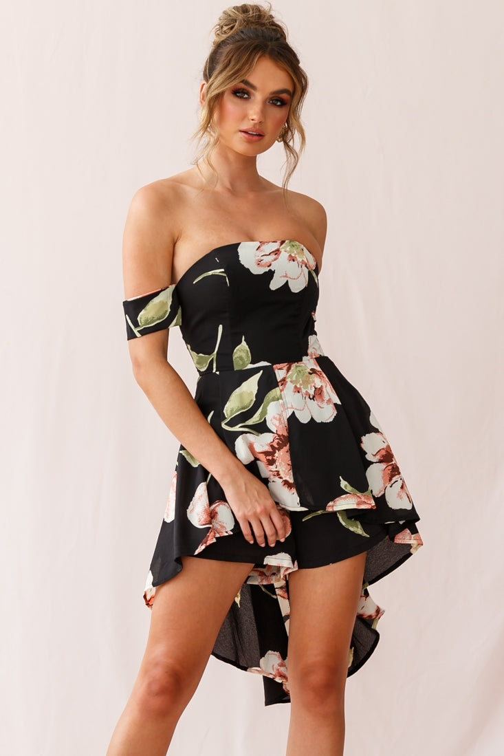 Jessa Off the Shoulder High Low Floral Romper Black by Selfie Leslie