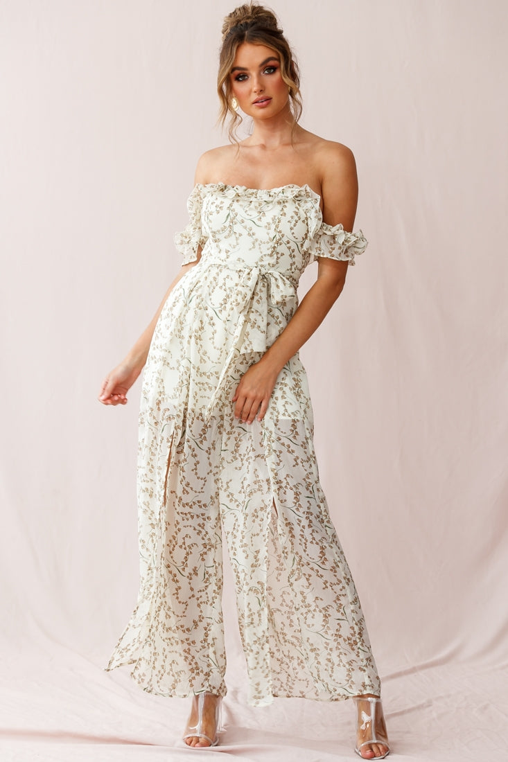 Jazz Bardot Neckline Wide Leg Split Jumpsuit Floral Print White by Selfie Leslie
