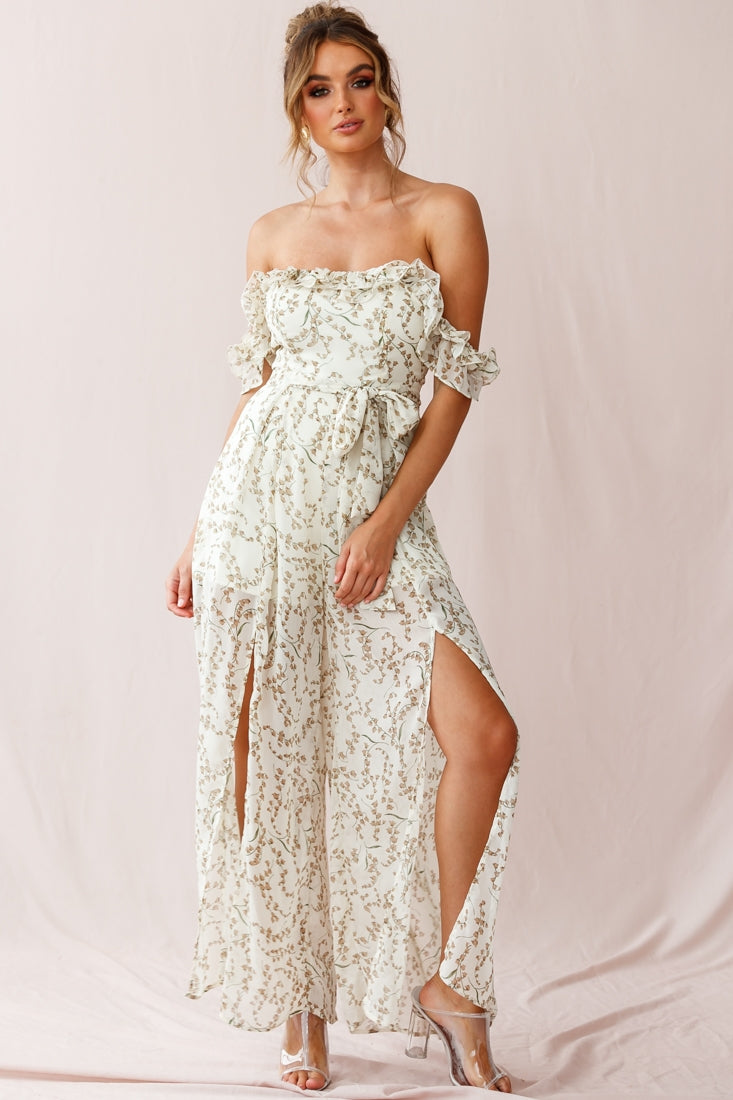 Jazz Bardot Neckline Wide Leg Split Jumpsuit Floral Print White by Selfie Leslie