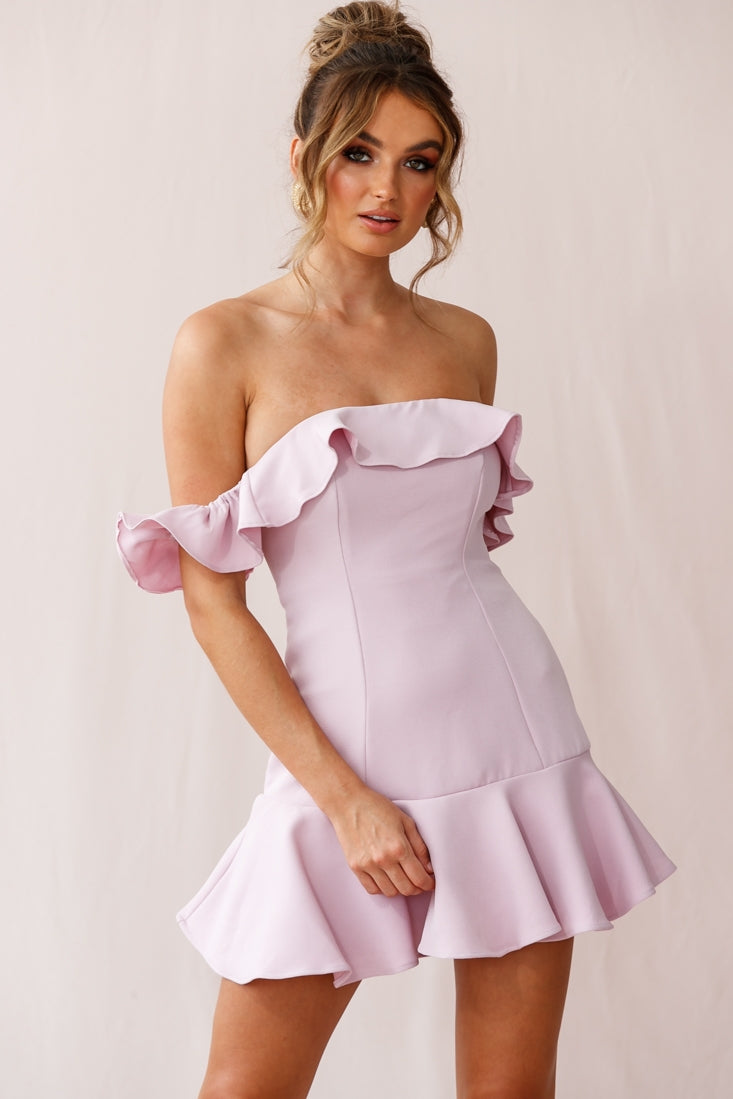 Ondine Bardot Neckline Fluted Hem Dress Mauve by Selfie Leslie