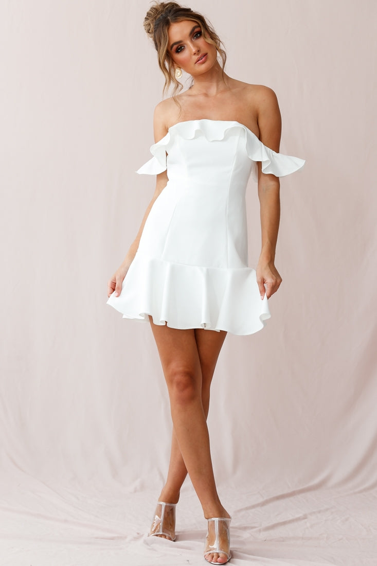 Ondine Bardot Neckline Fluted Hem Dress White by Selfie Leslie