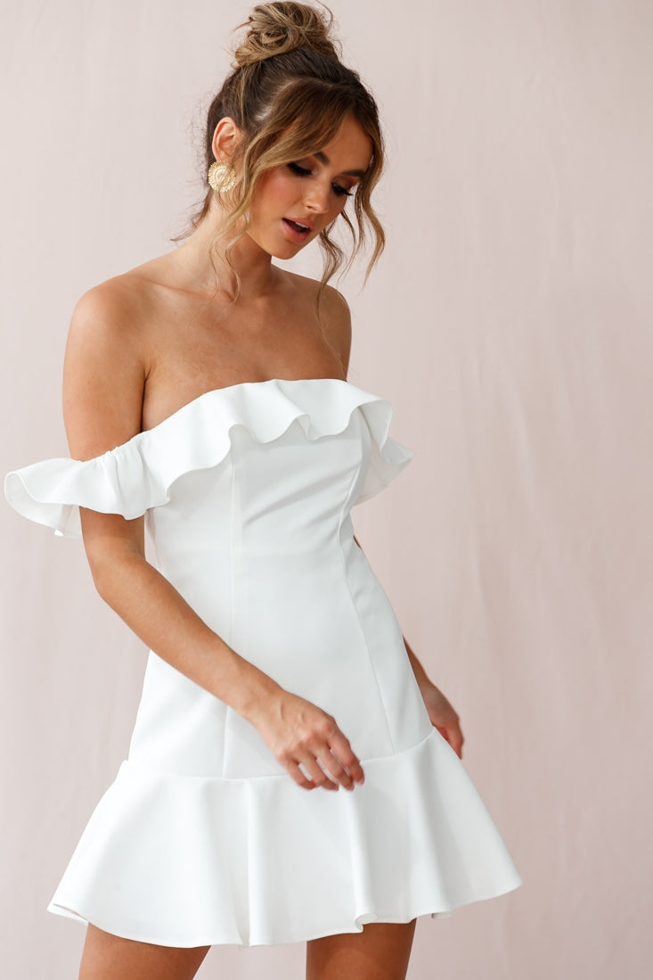 Ondine Bardot Neckline Fluted Hem Dress White by Selfie Leslie