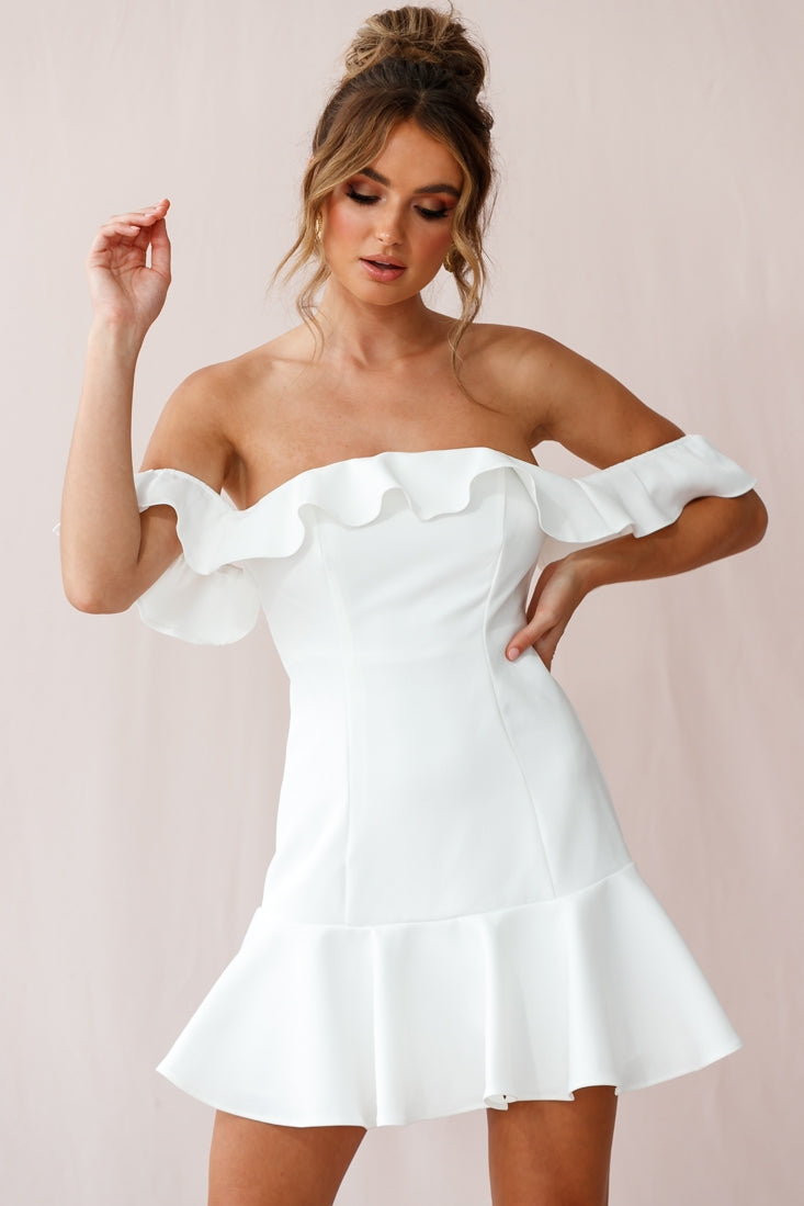 Ondine Bardot Neckline Fluted Hem Dress White by Selfie Leslie