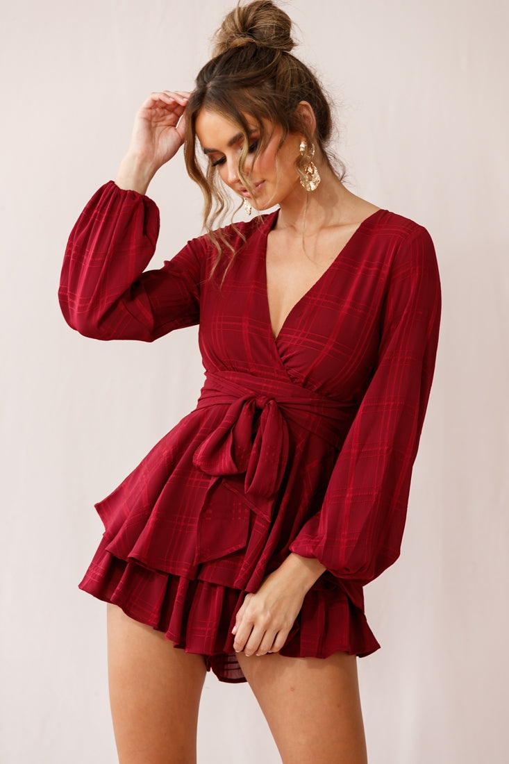 Maddox Fit & Flare Long Sleeve Romper Wine by Selfie Leslie