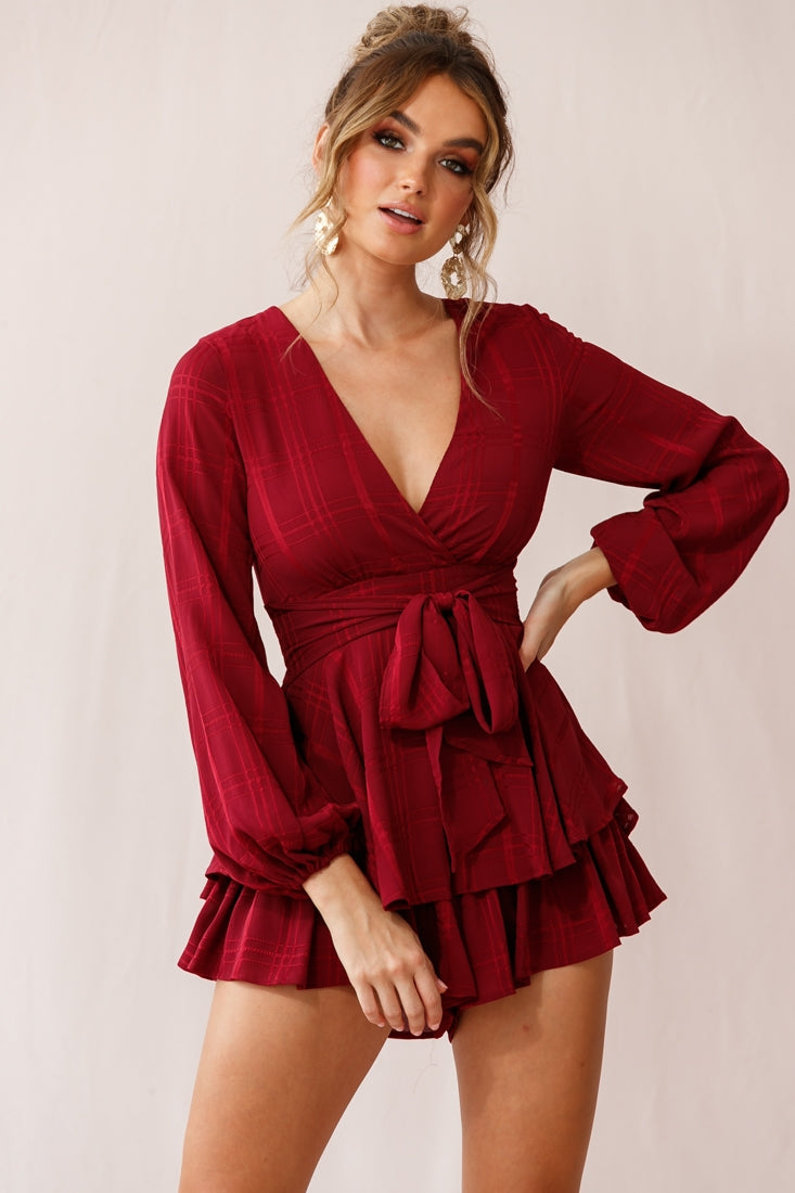 Maddox Fit & Flare Long Sleeve Romper Wine by Selfie Leslie