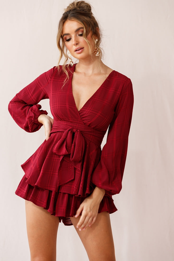 Maddox Fit & Flare Long Sleeve Romper Wine by Selfie Leslie