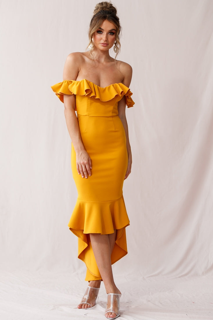 Cloud 9 Bardot Neckline Corset Back Dress Mustard by Selfie Leslie