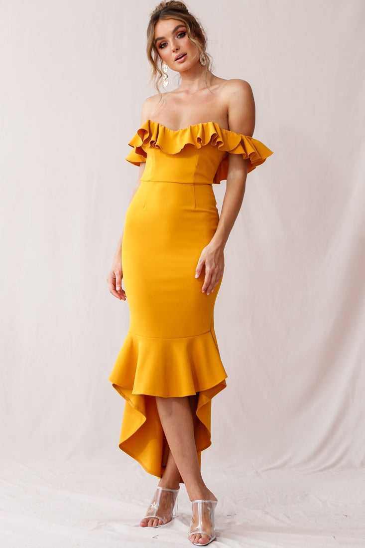 Cloud 9 Bardot Neckline Corset Back Dress Mustard by Selfie Leslie