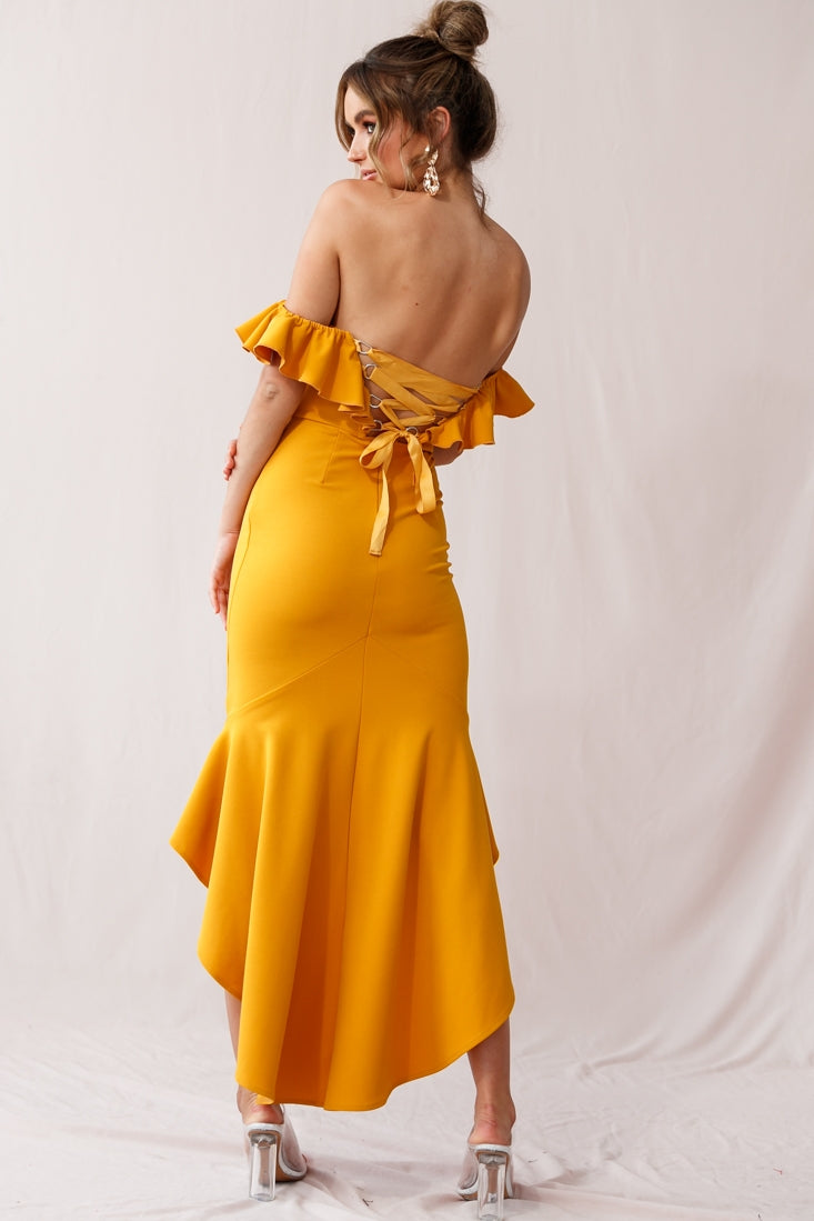 Cloud 9 Bardot Neckline Corset Back Dress Mustard by Selfie Leslie