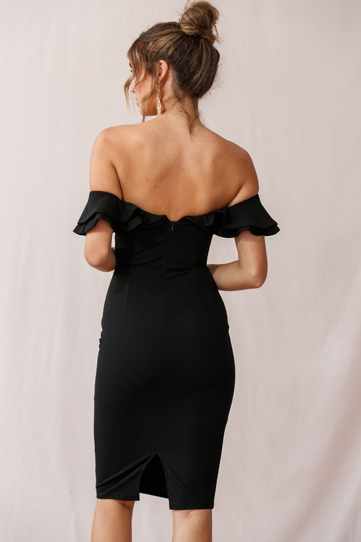 off the shoulder black dress bodycon Rossi Ruffled Off The Shoulder Bodycon Dress Black
