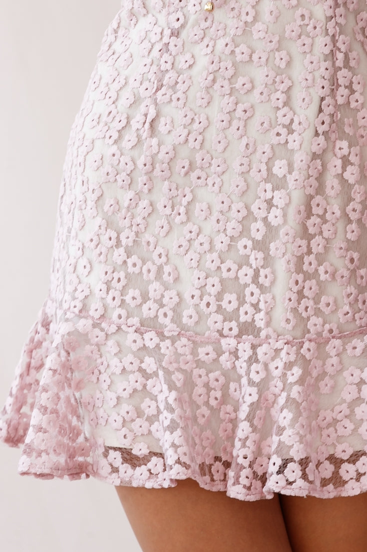 Ezra Eyelet Embroidery Ruffle Neckline Dress Blush by Selfie Leslie