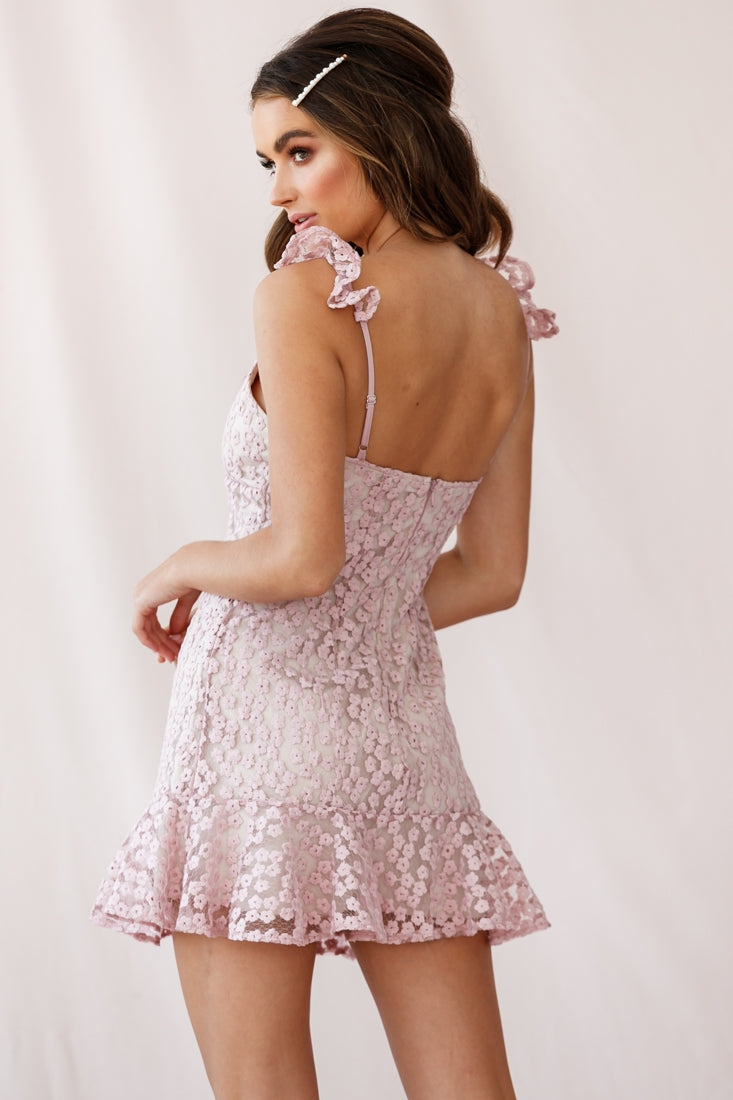 Ezra Eyelet Embroidery Ruffle Neckline Dress Blush by Selfie Leslie