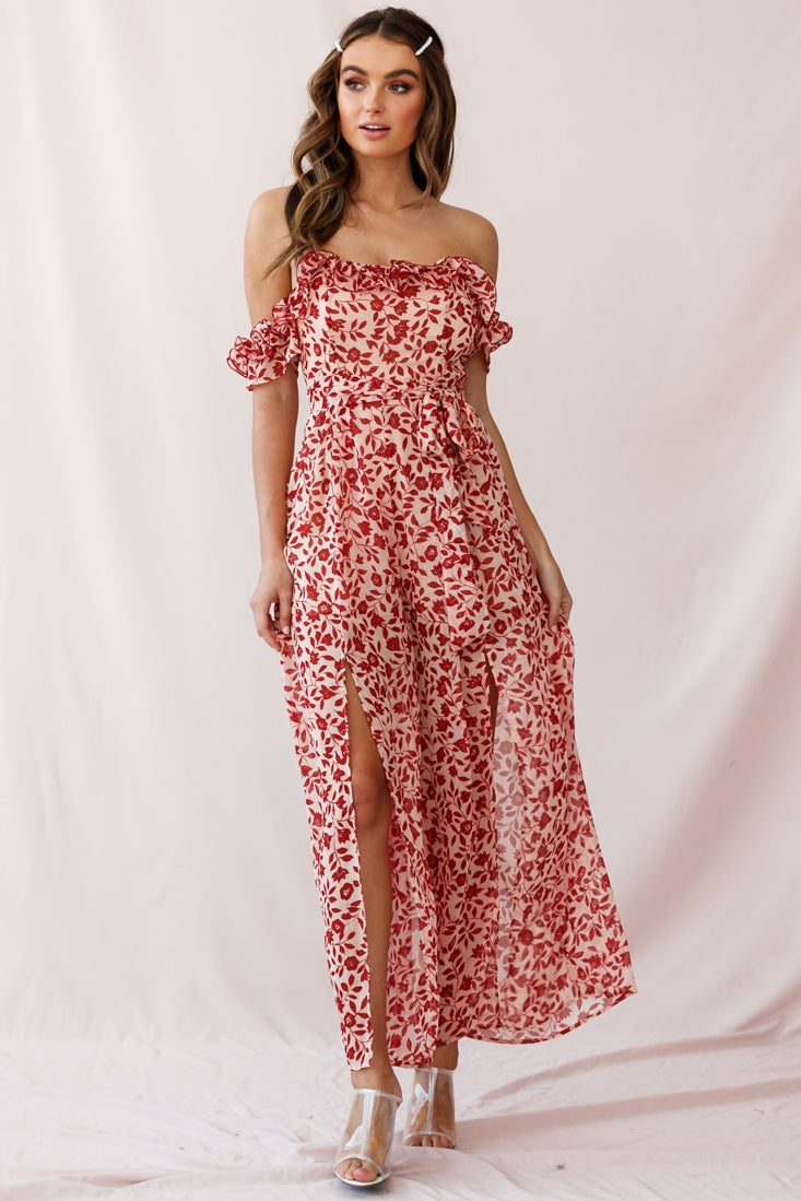 Jazz Bardot Neckline Wide Leg Split Jumpsuit Red by Selfie Leslie