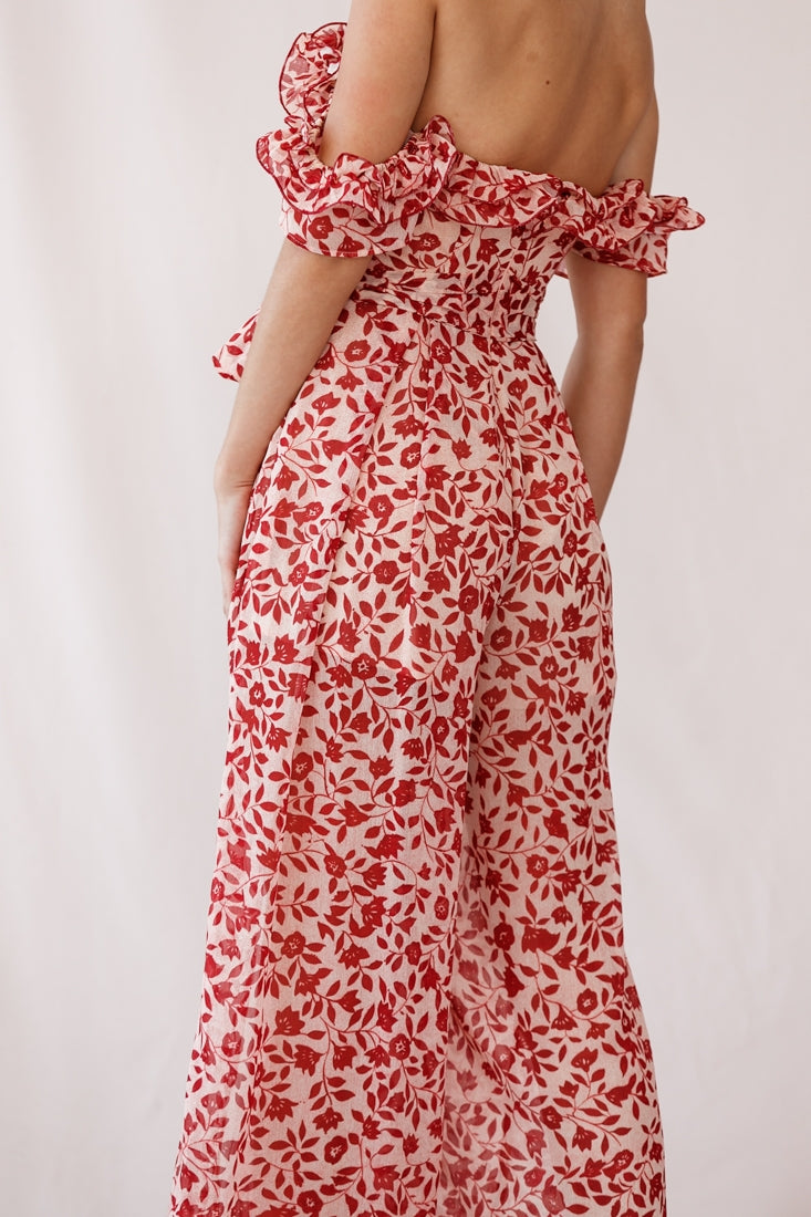 Jazz Bardot Neckline Wide Leg Split Jumpsuit Red by Selfie Leslie