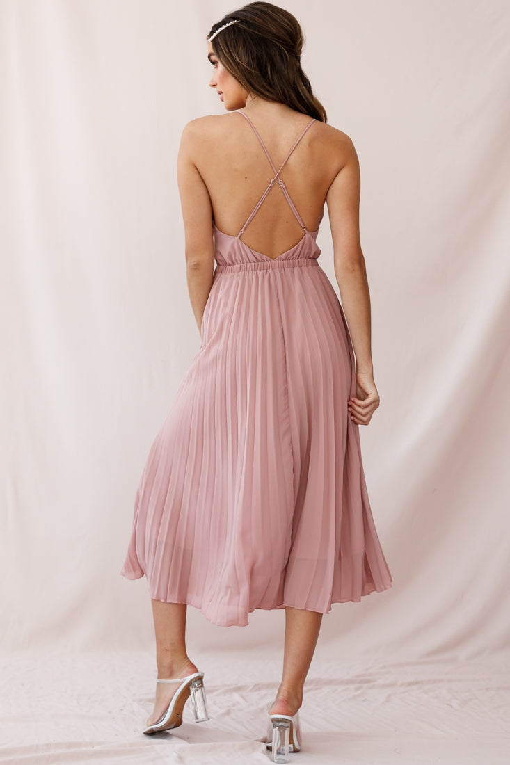 Artemis Accordion Pleat Strappy Back Midi Dress Blush by Selfie Leslie