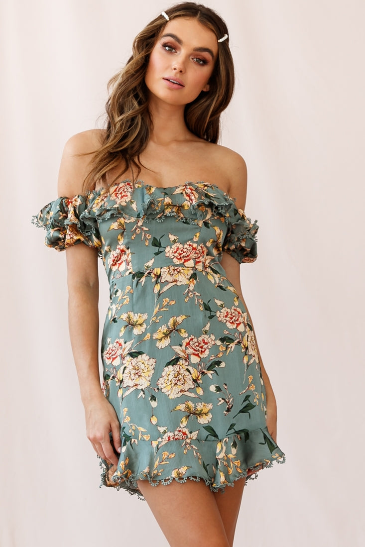 Bobby Bardot Neckline Puff Sleeve Dress Olive by Selfie Leslie