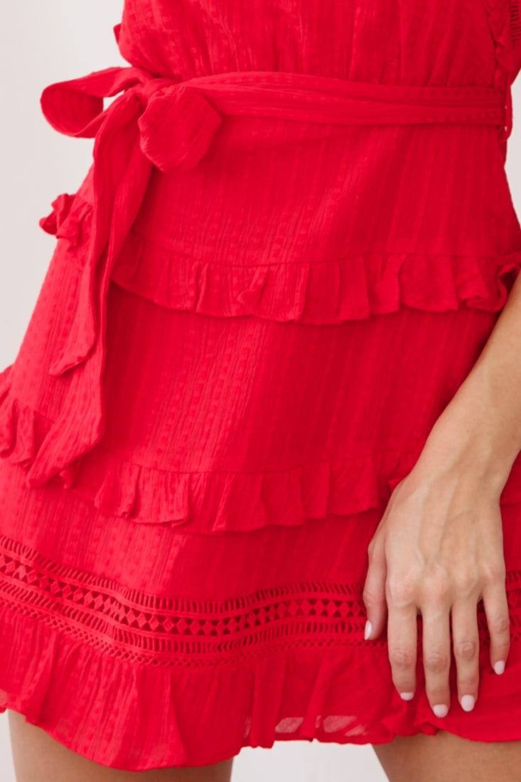 Olga Tiered Frill Detail Waist Tie Dress Red by Selfie Leslie