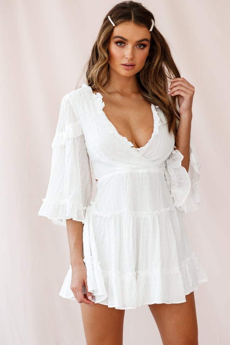 Albany Lace Up Back Frill Dress Puckered Fabric White by Selfie Leslie