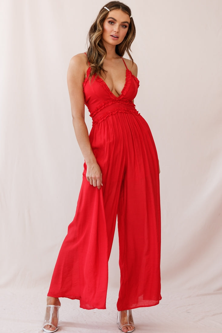 Laney Wide Leg Ruffle Detail Jumpsuit Red by Selfie Leslie