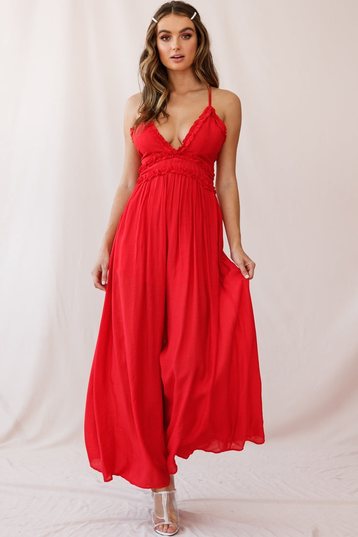Laney Wide Leg Ruffle Detail Jumpsuit Red by Selfie Leslie