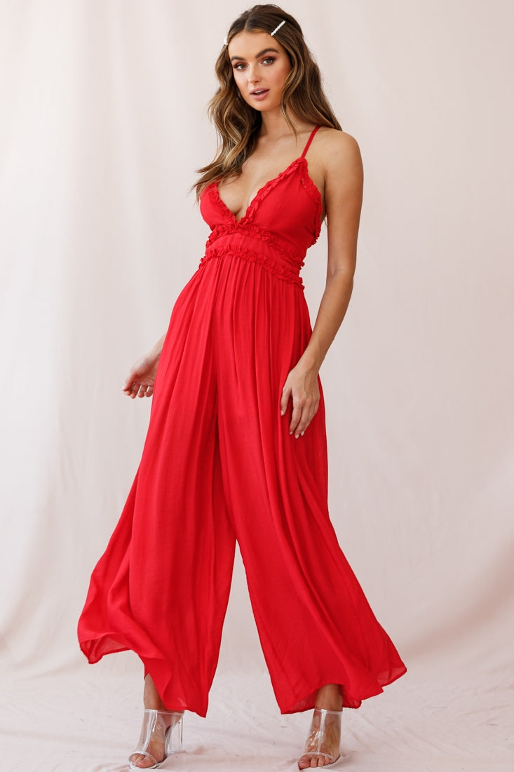 Laney Wide Leg Ruffle Detail Jumpsuit Red by Selfie Leslie