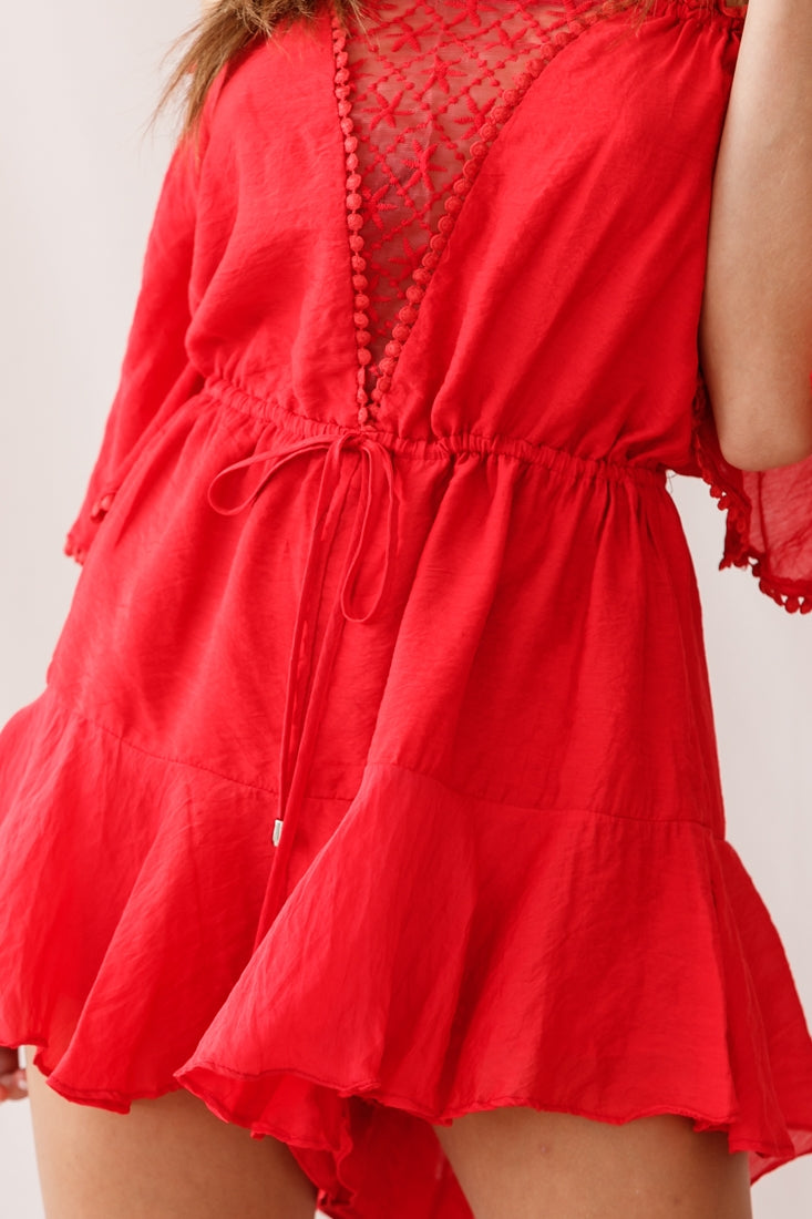 Yonna Off-Shoulder Mesh Detail Drawstring Romper Red by Selfie Leslie