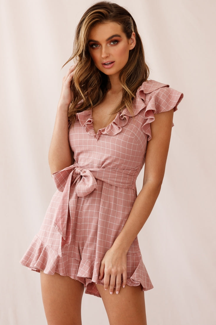 Vivvy Ruffle Shoulder Waist Tie Romper Square Print Nude by Selfie Leslie